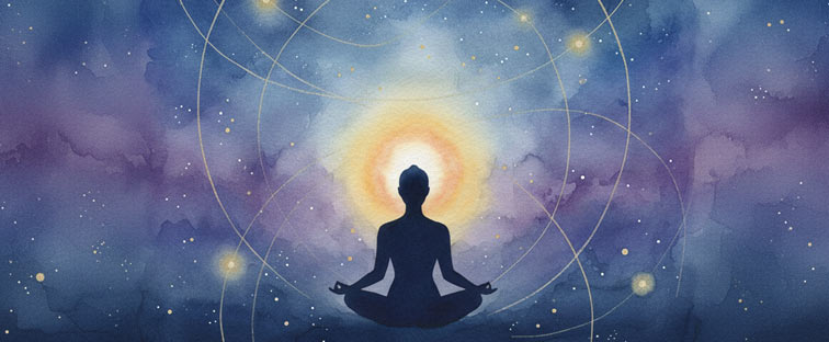 Parijatha Jyotish Dresden - Artikelbild Blog - eine Silhouette eines Yogi im Kosmos - Artikel über Karma und Dosha und die Aufgabe des Jyotishi